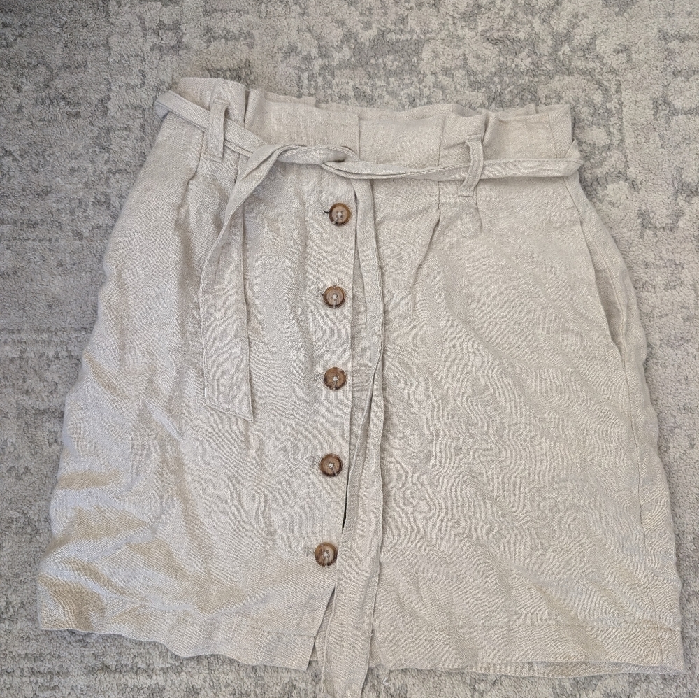Beige Cotton Button Skirt with Tie Waist
